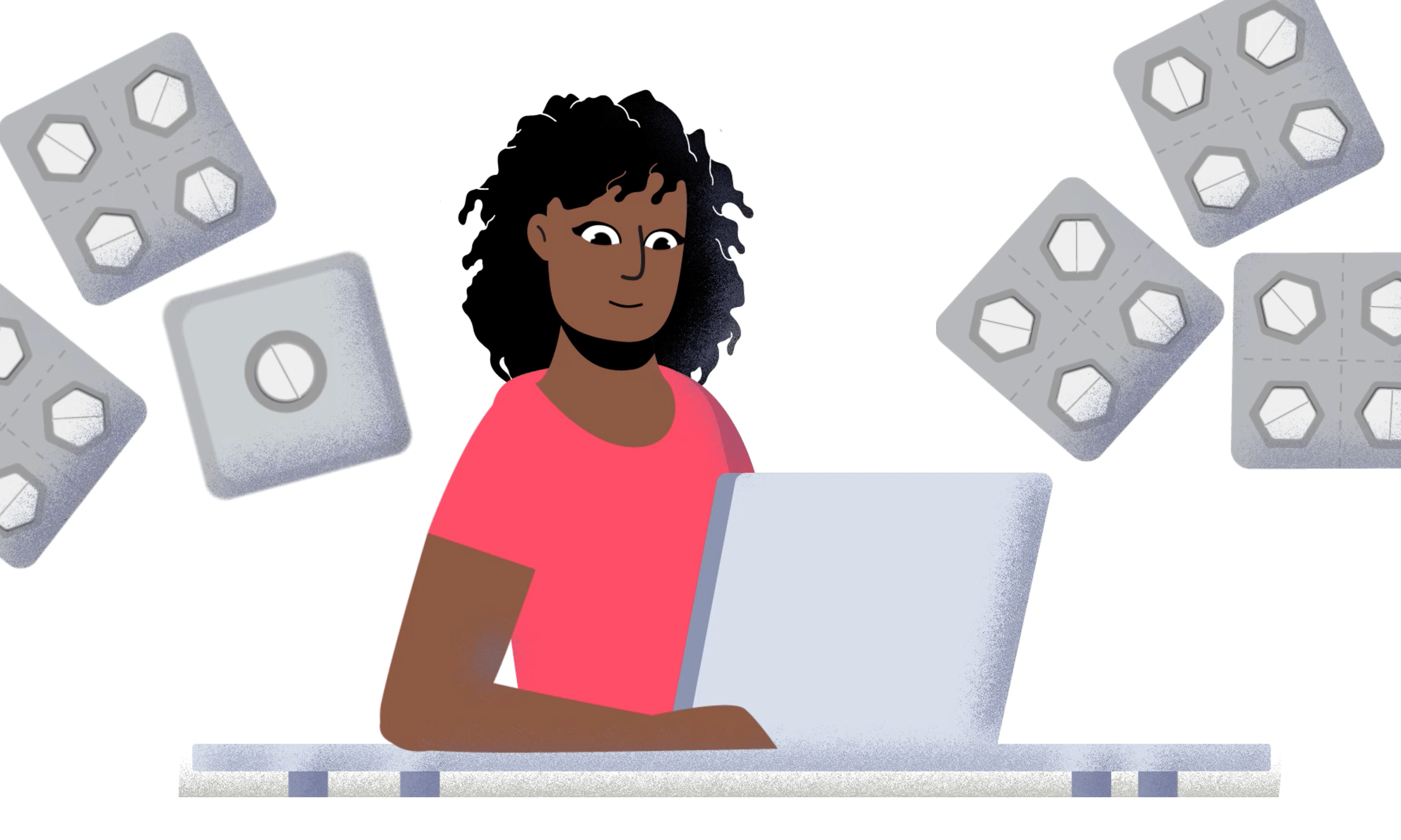 Illustration of a woman at a laptop with abortion pills around her.