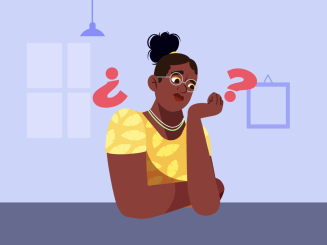 Illustration of a woman in yellow T shirt thinking with question marks around her for International Safe Abortion Day