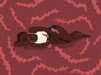 Illustration of a pregnant woman lying down on a red backdrop 