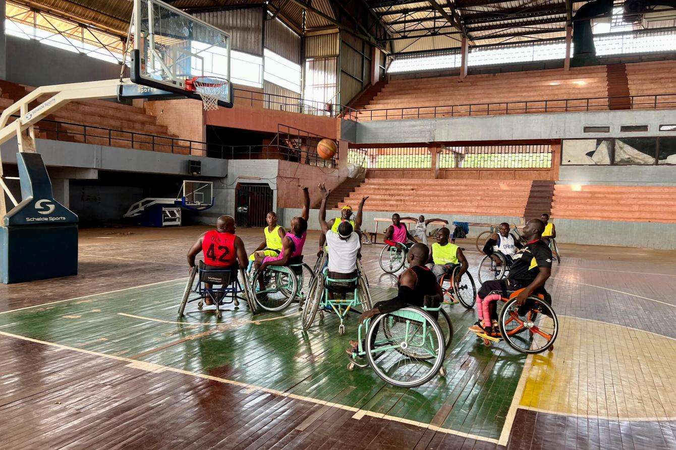Men in wheelchairs play basketball in Central African Republic.