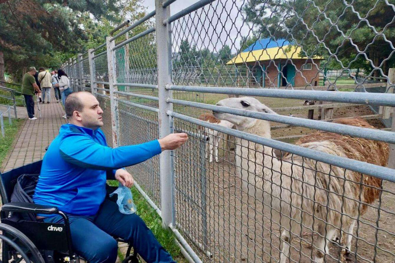 A patient in a wheelchair reaches out to pet a llama through a fence as part of his recreational activities.