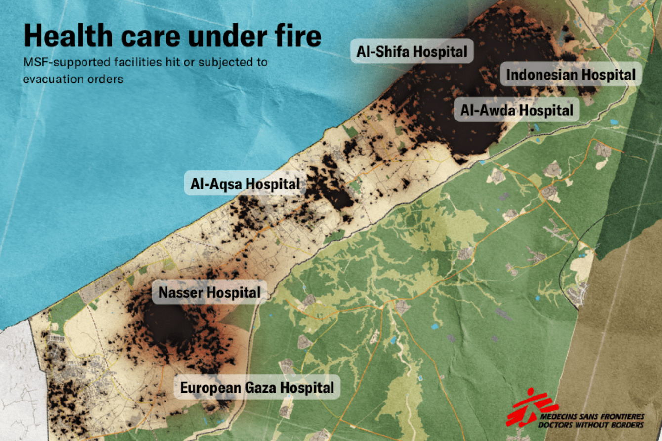 Map of health care under fire in Gaza, Palestine.