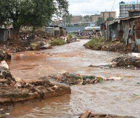 Flooded banks of Mathare river in Kenya. 